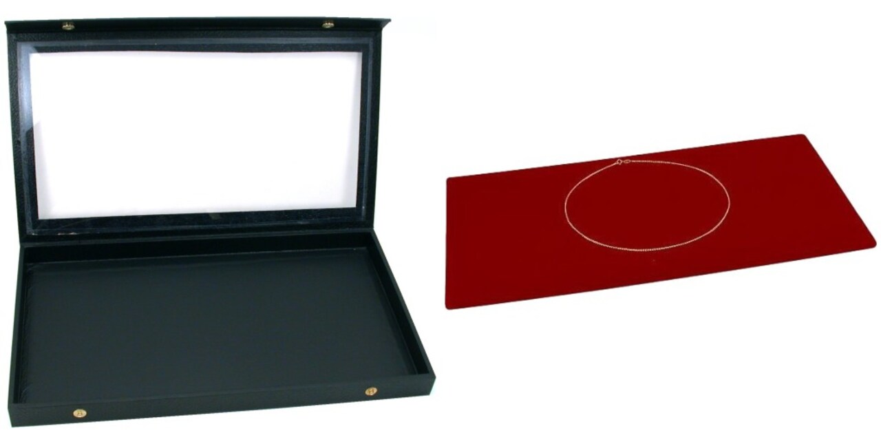 Black Glass Top Jewelry Case (Snap close lid) w/ Red Velvet Display Tray Insert